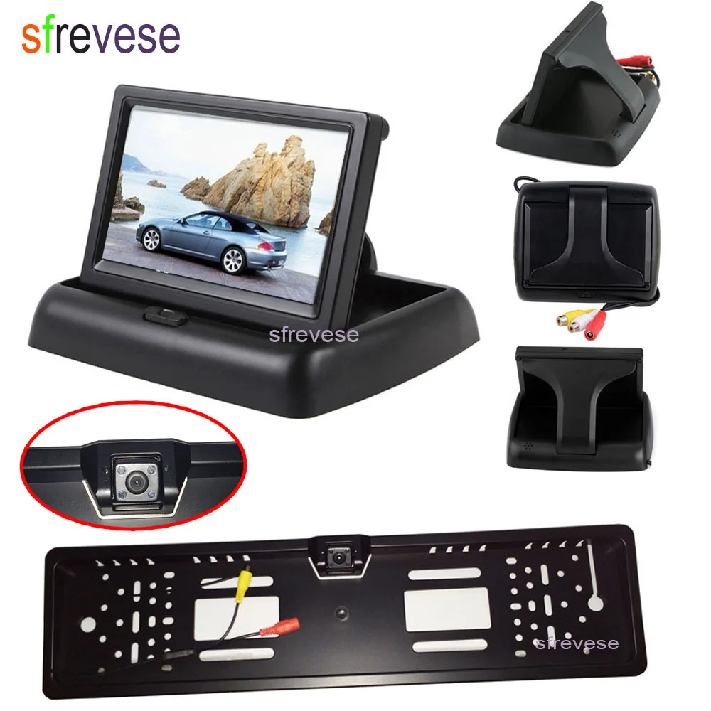 

4.3" Car LCD Foldable Monitor Rear View Kit + Waterproof EU Car License Plate Frame Reversing Backup Parking 4 LED Camera