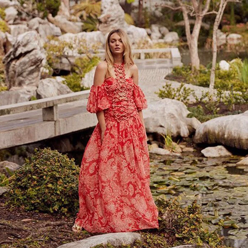 

HIGH QUALITY Newest 2019 Designer Dress Women's Halter Neck Rope Embellished Charming Floral Long Dress