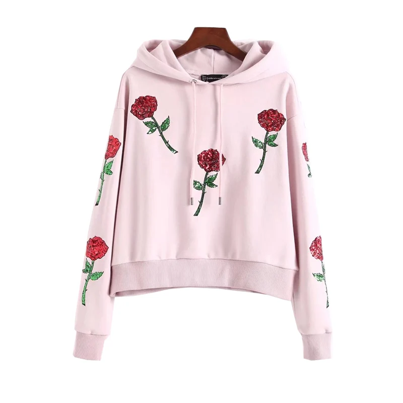 Fashion Sequin Embroidery Rose Hoodie Sweatshirt Women