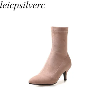 

Women Boots Autumn Winter High Heel Warm Slip on Pointed Toe Mid-calf Stretch Boots 2018 New Sexy Fashion Black Pink Size 34-43