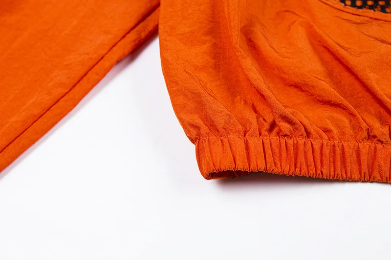 Женский Осенний оранжевый полуоткрытый воротник длинный рукав Свободный Топ грудь сетка Толстовка Повседневная куртка Z353