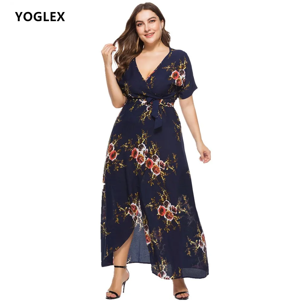Plus size Summer Dress XL 3XL 4XL 5XL 6XL 7XL 2018 Women Short sleeve V neck Floral Print Split