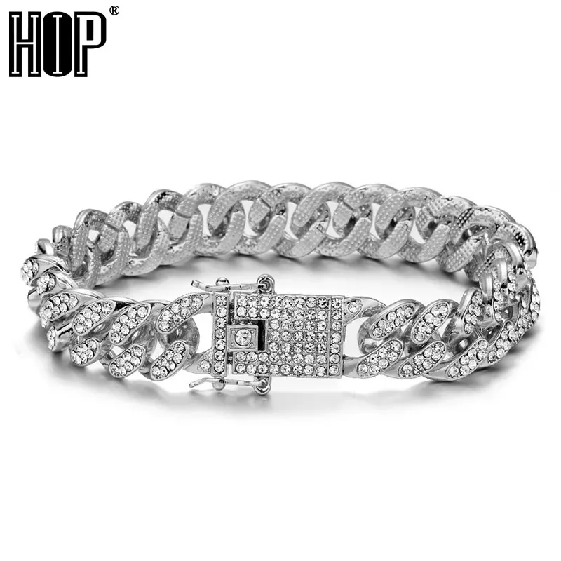 Хип-хоп Bling Iced Out, кубинская звеньевая цепь, полностью AAA, кристалл, проложенный, мужской браслет, золотой, серебряный цвет, браслеты для мужчин, ювелирные изделия