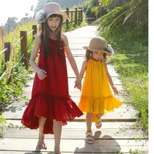 Шифоновое платье с оборками для девочек; лето г.; богемное необычное длинное красное Брендовое платье принцессы; Одежда для девочек-подростков