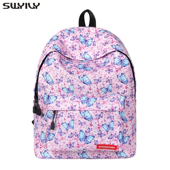 

SWYIVY Canvas Backpack For Woman Pink Butterfly Print Shoulder Bag Women's Backpack Travel 2019 New Student School Bag For Men