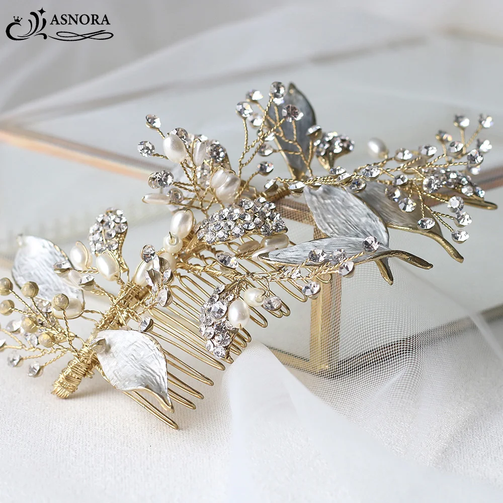 

ASNORA Chic Elegant Gold Hair Combs for Brides with Crystals Pearls Bridal Hair Accessories Wedding Headdress Women's Hairwear