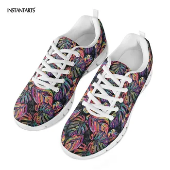 

INSTANTARTS Casual Mesh Sneakers Women Fashion Breathable Flat Shoes Tropical Flower Palm Leaves Pattern Woman's Lace Up Flats