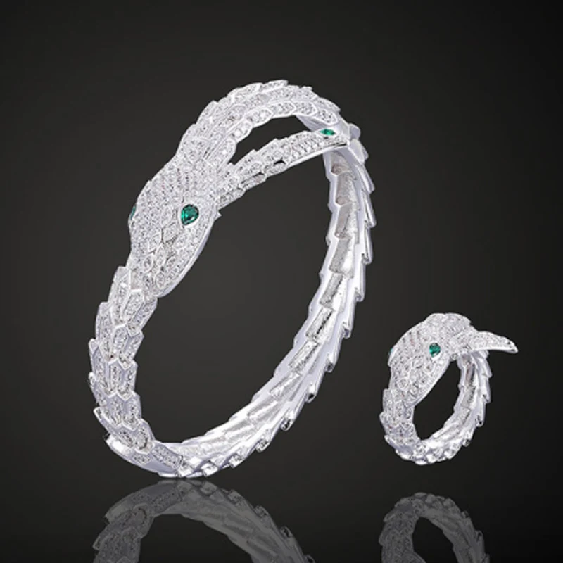 

Luxury Brand Big Green Eye Snake Animal Bangle with ring Accessory set Love Bangle Anel Men copper Wedding Anniversary Jewelry
