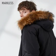 Markless, длинная, толстая, 80%, белая, утиный пух, куртка, Мужская,, зимняя, теплая, с капюшоном, парка, отстегивается, мех енота, пуховики, YRA8316M