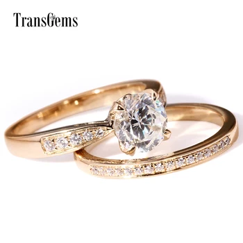 

TransGems Solid 14K 585 Yellow Gold 1ct 6.5mm F Color Moissanite Engagement Ring Set for Women Wedding 2 Pieces Birdal Ring Set