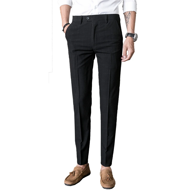 Spring and Autumn Mens Suit Trousers Asia Size 28 29 30 31 32 33 34 36 Dress Pants Men Black and Grey Plaid Leisure Pant