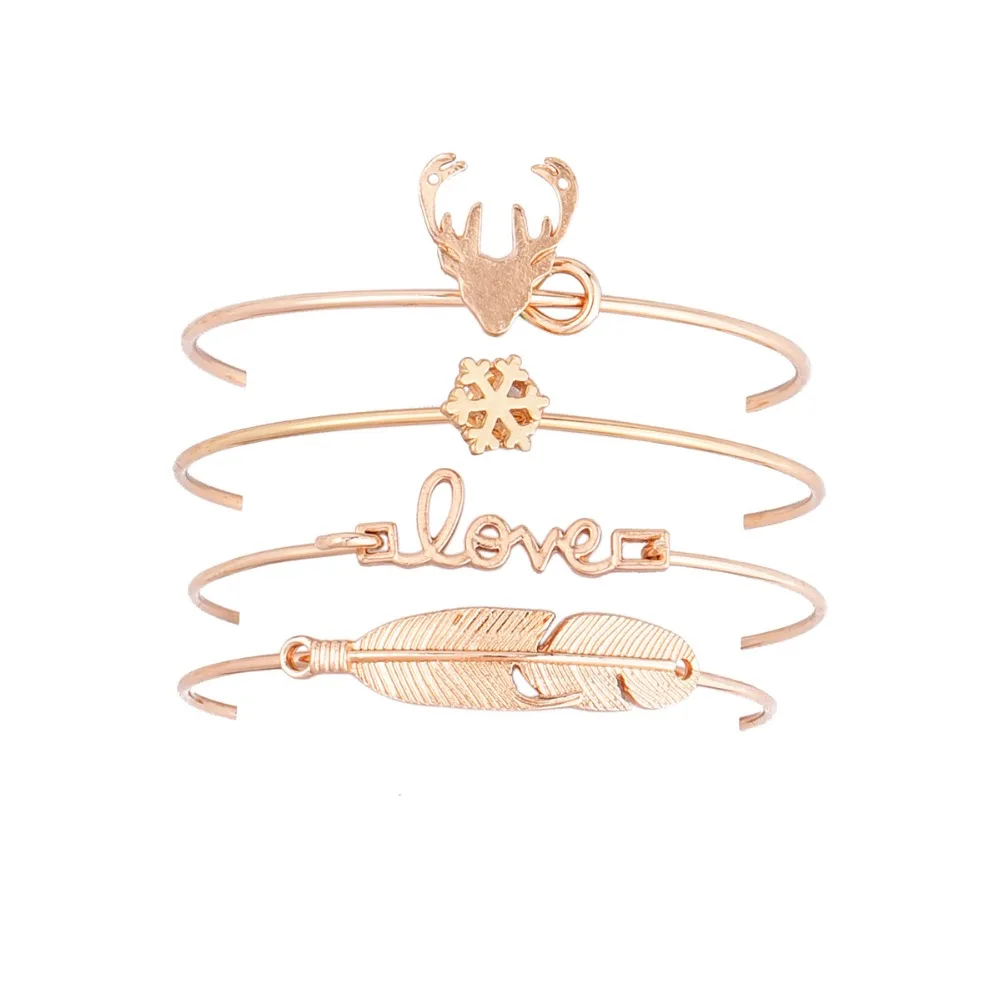 

4 Pcs/ Set Snowflake deer leaves open simple bracelet Multilayer Adjustable Open Bracelet Set Women Fashion Party Jewelry Gift