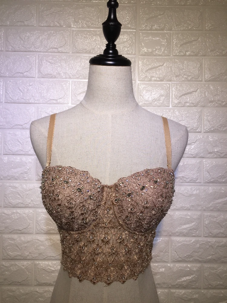 Billige P477 Neue Nude Mesh Spitze Perle Bustier Perlen Diamant Push Up Night Club Bralette frauen Bh Cropped Top Camis plus Größe