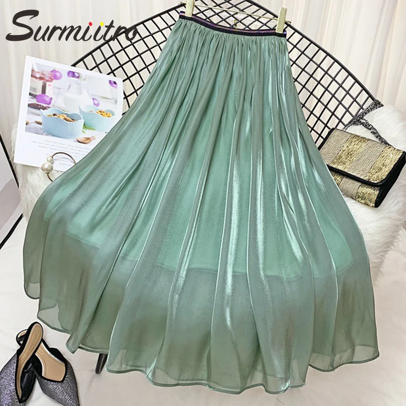 

Surmiitro Shiny Multicolor Belt Long Summer Skirt Women 2019 Fashion Ladies Elegant High Waist A-line Pleated Sun Skirt Female