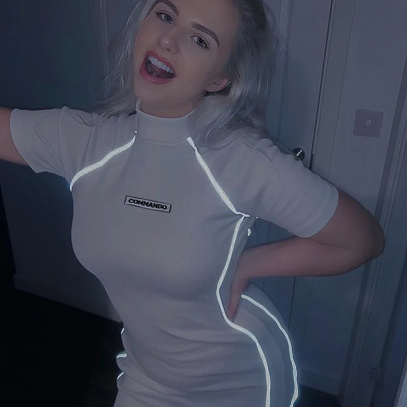 

Reflective Striped Sexy Dress Women Shiny Stand Collar Mini Dresses 2019 New Arrival Slim Bodycon Party Club Summer dress