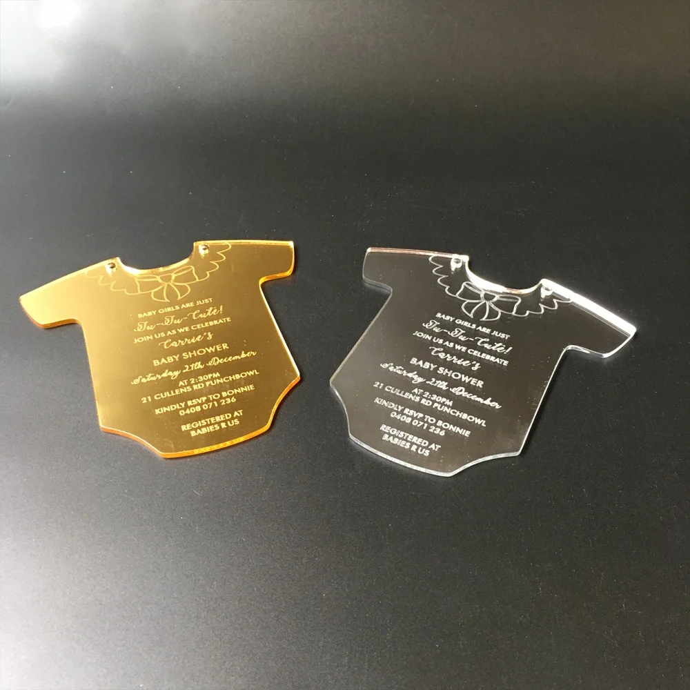  Customized Baby Dress Shaped Engraved 145x145mm Silver/Golden Mirror Acrylic Christening Invitation - 32828973518