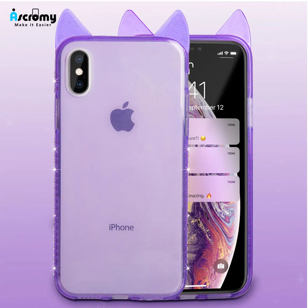 Чехол Ascromy для iPhone XS Max с милыми кошачьими ушками блестящий силиконовый