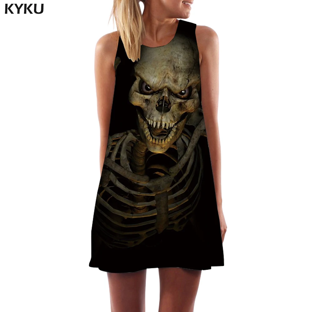 

KYKU Brand Skull Dress Women Skeleton Office Black Ladies Dresses Gothic Sexy Punk Korean Style Womens Clothing Vintage Gothic