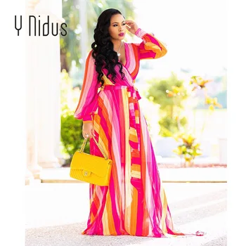 

Y Nidus Women's Dress Summer Autumn Maxi Dress 2018 Print Chiffon Deep V-Neck Full Sleeve Flowy Evening Party Dresses vestidos
