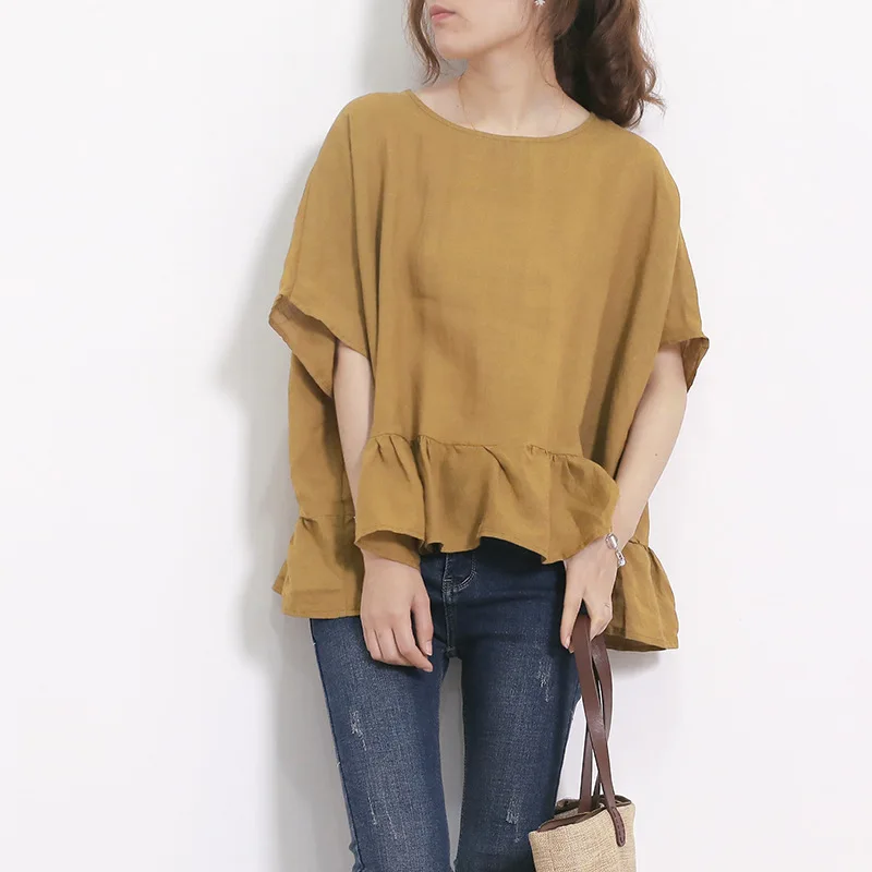 

Johnature Leisure Solid Color Women Blouses 2019 Summer New Loose O-neck Short Sleeve Ruffles Cotton Linen Womens Top And Shirt