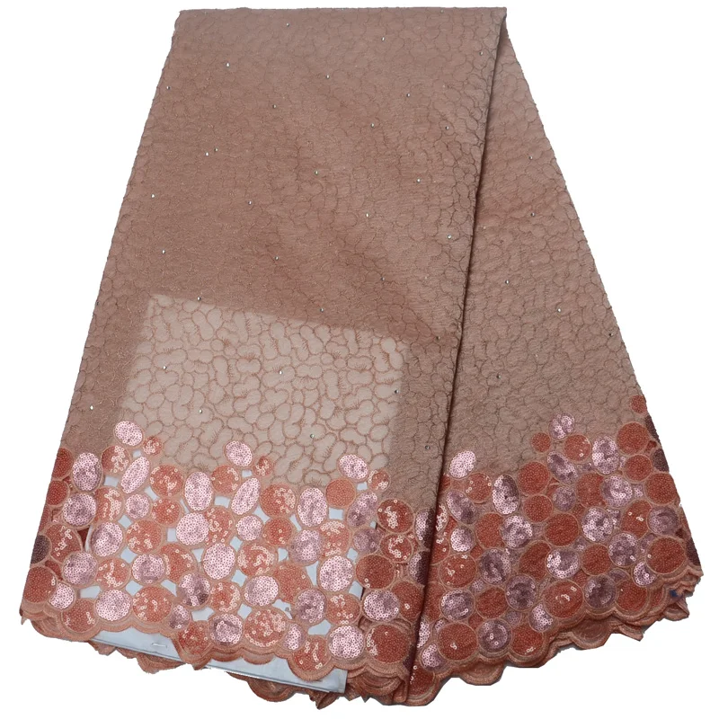 

Free shipping (5yards/pc) Peach African organza lace fabric with lots of sequins simple and elegant design for party dress OP92