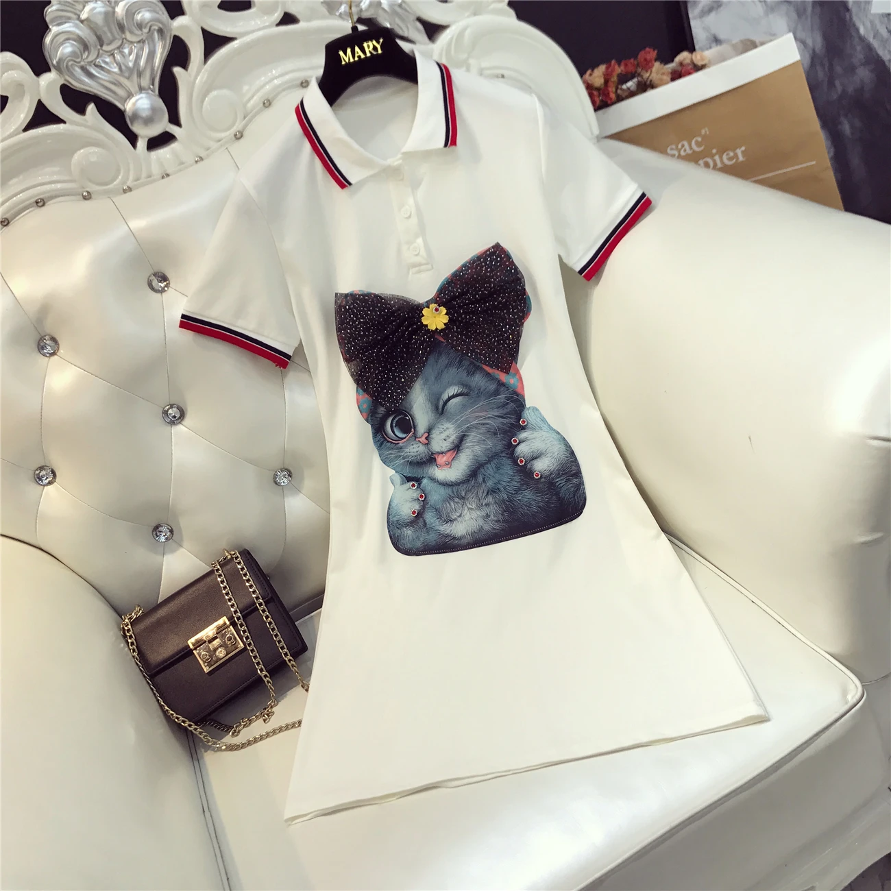 

New Summer Fashion Women Short Sleeve Dress Patch Cartoon Printing Bow Students Dress Turn Down Collar Short A-line Dress