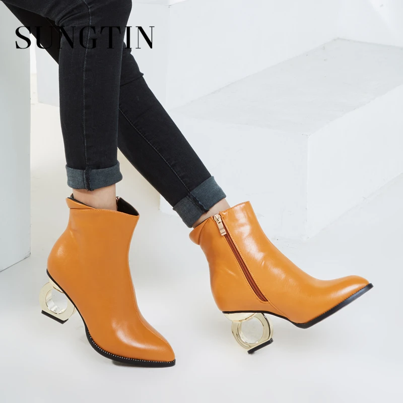 Dedo Botas La Pie Del Botines amarillo Cuero Mujeres Pu Otoño Las 47 Acentuado Negro Moda El Cortas Alto Tamaño De Sungtin gris Talón Más vOq5x