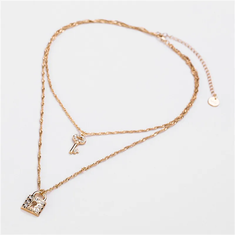 

Fashion Gold Color Crystal Lock Key Pendant Necklace For Women Multi Layered Choker Chain Padlock Long Necklace Femme Jewelry