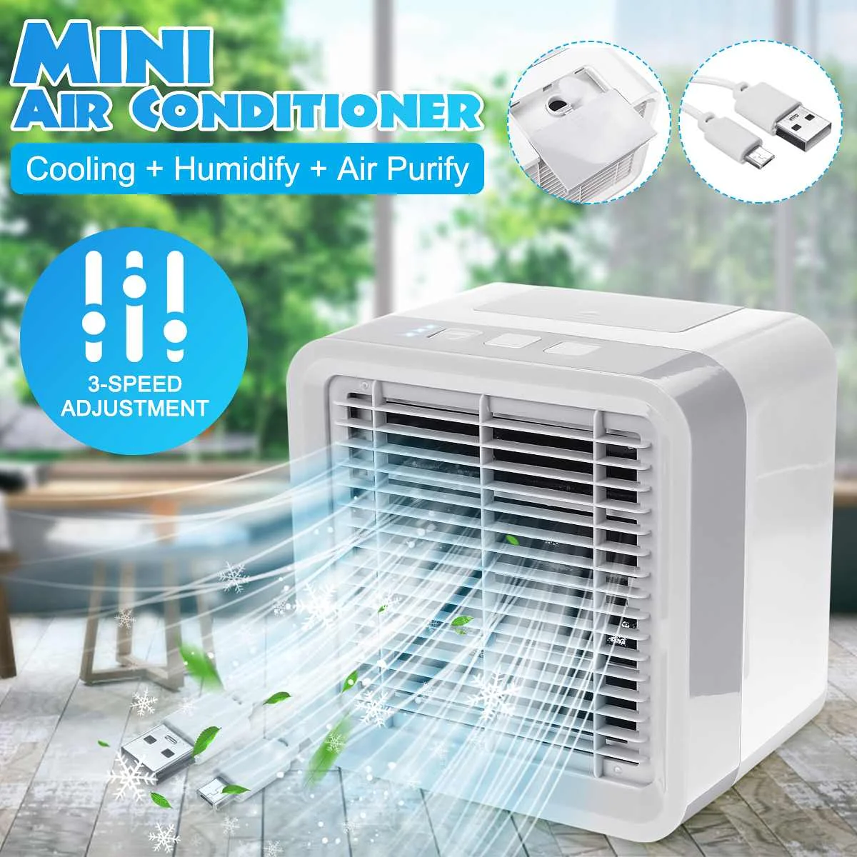 

USB Mini Portable Air Conditioner Humidifier Purifier Desktop Air Cooling Fan Air Cooler Fans for Office Home 3 Speed Adjustment