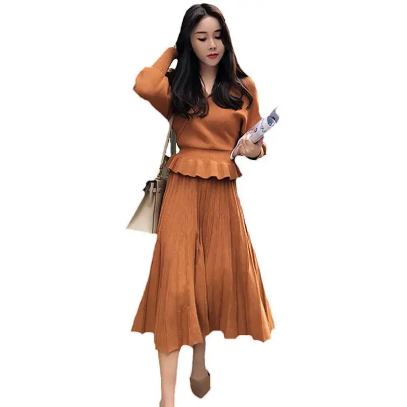 

Women Knitted 2 Pieces Set Spring Auutm Clothing Lantern Sleeve Sweater High Waist Pleated Skirt Solid Color Women Sets 2019 J86
