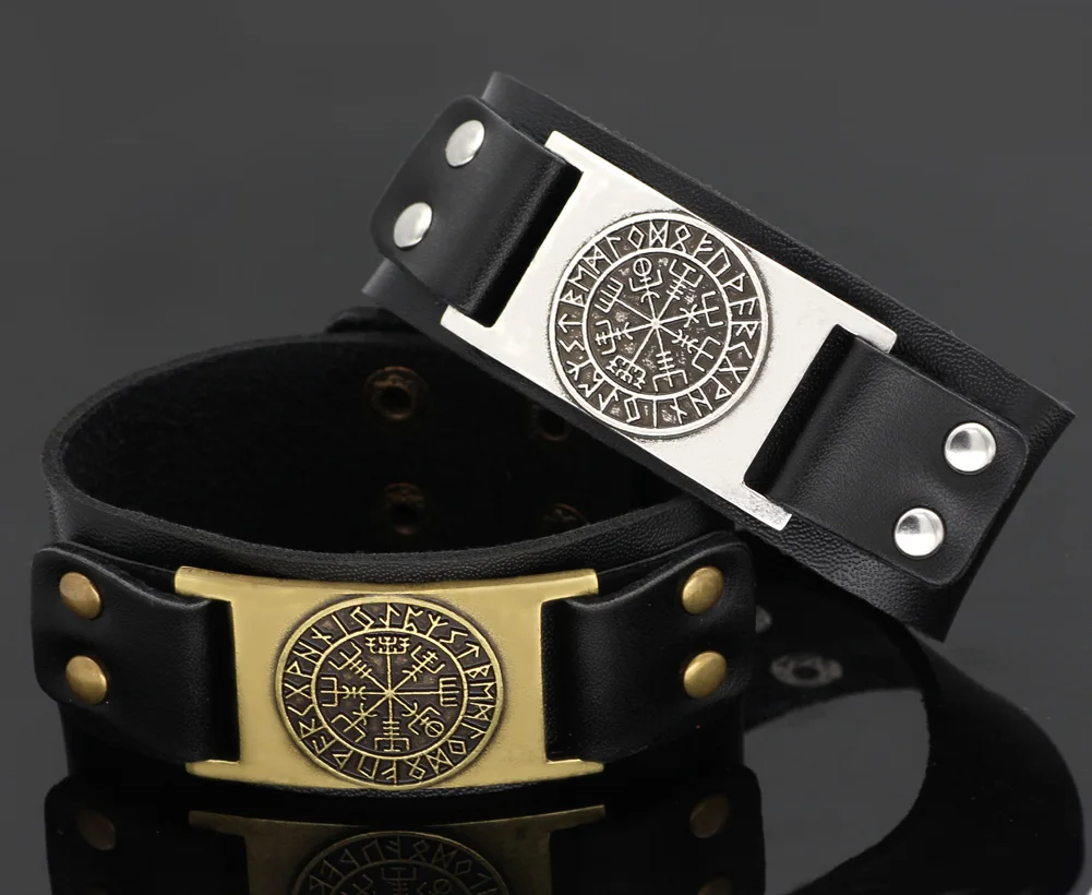 Men viking Vegvisir compass rune leather amulet bracelet jewlery fit
