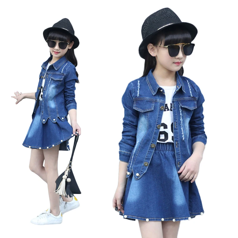 YOOY 2018 Jean Clothing Sets Girls Clothes Kids Denim Jacket+Dress Set Casual Children Autumn Solid Coat+Vestido Suit | Детская одежда