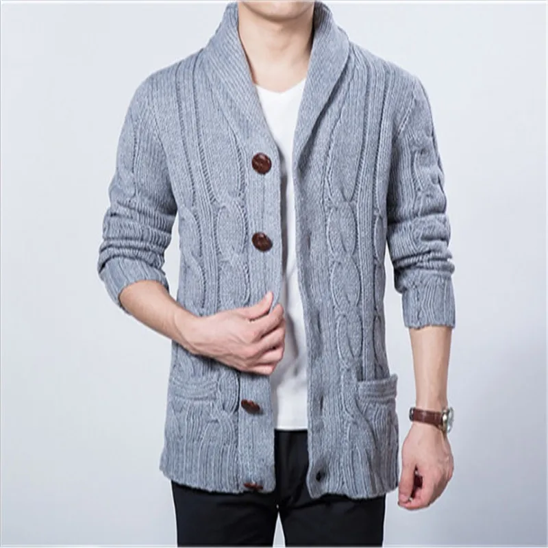 

Male Autumn Winter High Quality Solid Sweater Shawl Collar Knit cardigan Grey NavyKorean Fashion Wooden Button Winter sweater