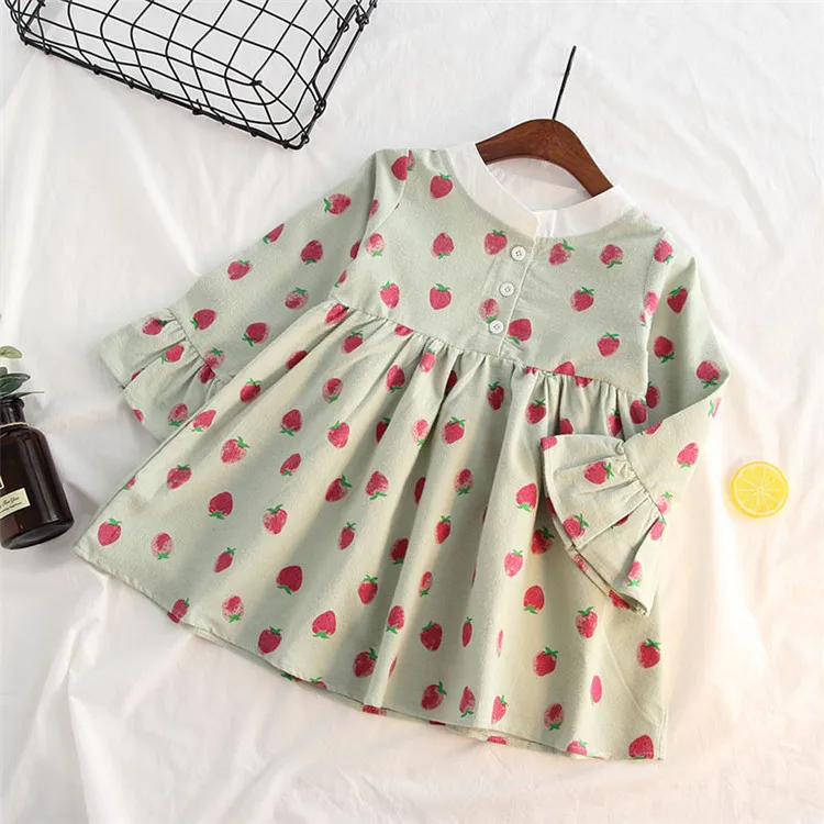 Fanfiluca Girls Dress 2018 Autumn Casual Style Girls Clothes Long Sleeve Strawberry Pattern Cotton Stand Collar Dress014