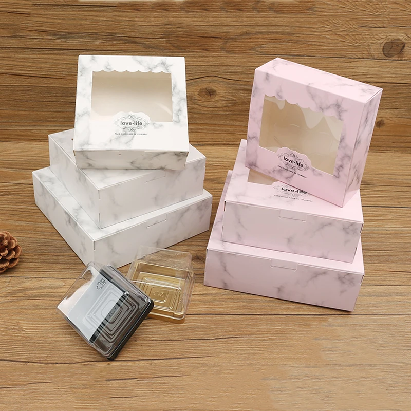 10 шт., розовая мраморная бумажная коробка для торта, свадебные подарки для гостей, еда, печенье, конфета, коробка для детского душа, рождественский подарок, упаковка с окном