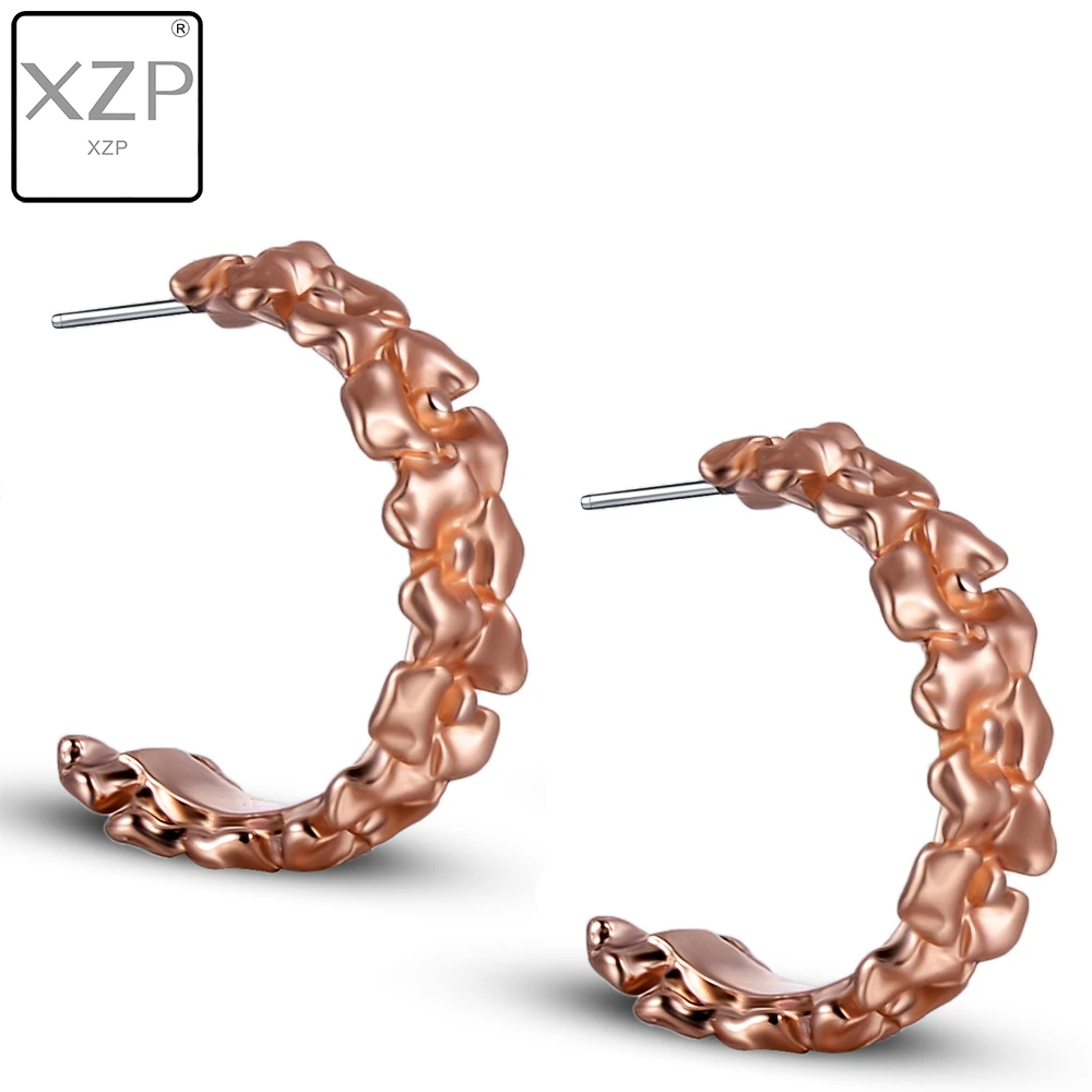 

XZP Big Shape C Stud Earrings for Women Jewelry Fashion Rose Gold Color Pendant S925 Pins Earrings 3D Flower Girls Ear Jewelry