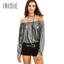 IRISIE Apparel Sexy Off Shoulder Female Top Tees Slivery Casual Slash Neck Chic Women Tops Metallic Punk Slim Basic T-shirt