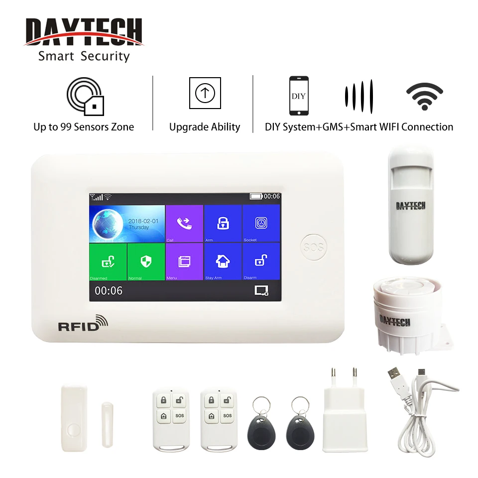 DAYTECH GSM pantalla táctil de Color WiFi GSM sistema de alarma PIR/Sensor de puerta/ventana Android iOS APP Control remoto compatible con Alexa.