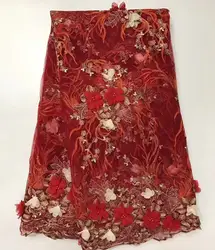 Великолепный красный с 3D цветок Свадебные тюль кружево вышивка французский чистая ткань бисером JNZ124 (5 ярдов/партия)