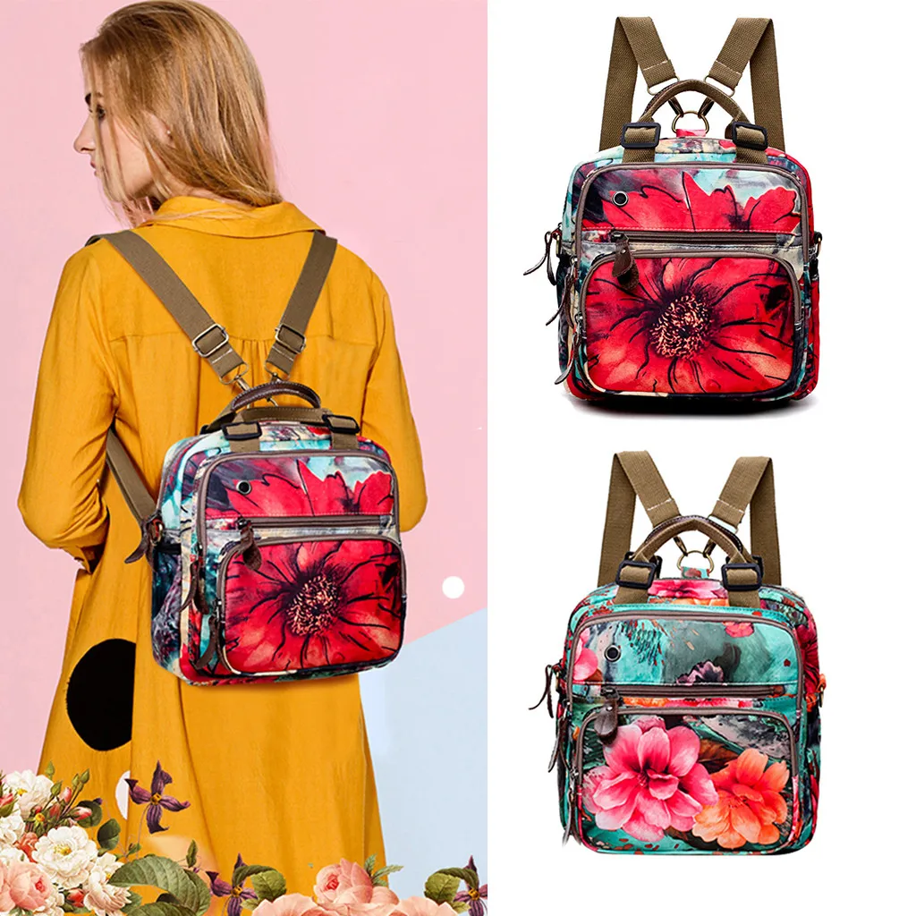 

Chinese Style Women Retro Flowers Print Shoulder Bag Muti-Pocket Zipper Travel Backpack Large Capacity Rucksack C514