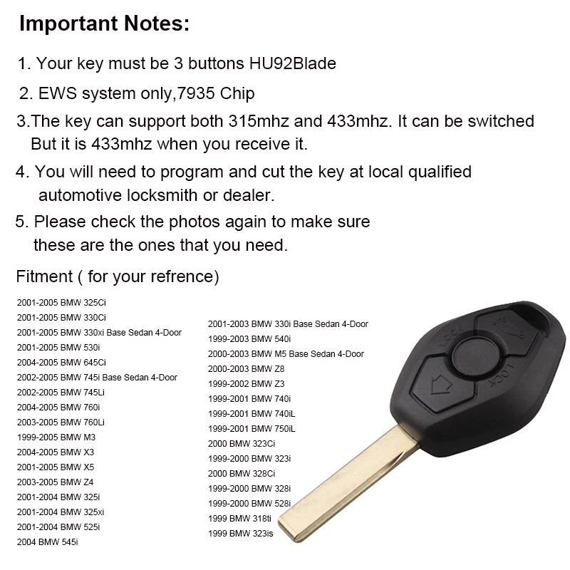 5 шт./лот дистанционный ключ 3 кнопки 433 МГц ID44 чип для BMW 325 330 318 525 530 540 E38 E39 E46 M5 X3 X5 EWS