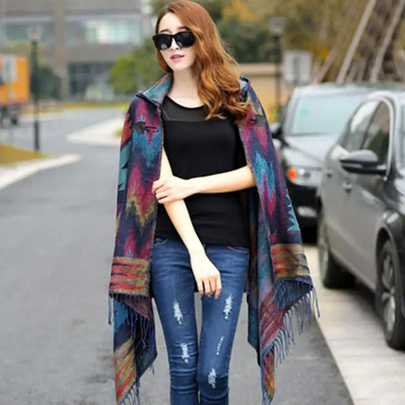 Ceny Kobiety Bohemia stylowy nadruk etniczny bluza z kapturem Cape Poncho akrylowy szalik z wełny Fashion Girls sweter z frędzlami z kapturem #30