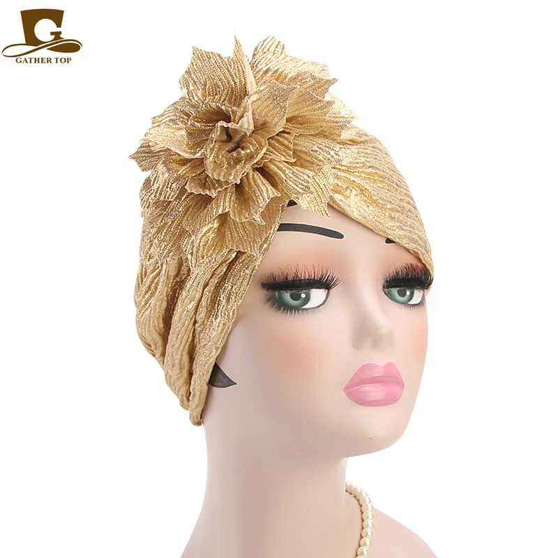 

New metallic flower Turban Headband for Women Muslim India Hat Cap Chemo Hat Beanie Headscarf Headwrap Turbante Nice Present
