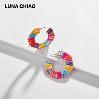 

LUNA CHIAO Women Jewelry Accessories Rainbow Colorful Raffia Straw Hoop Earrings