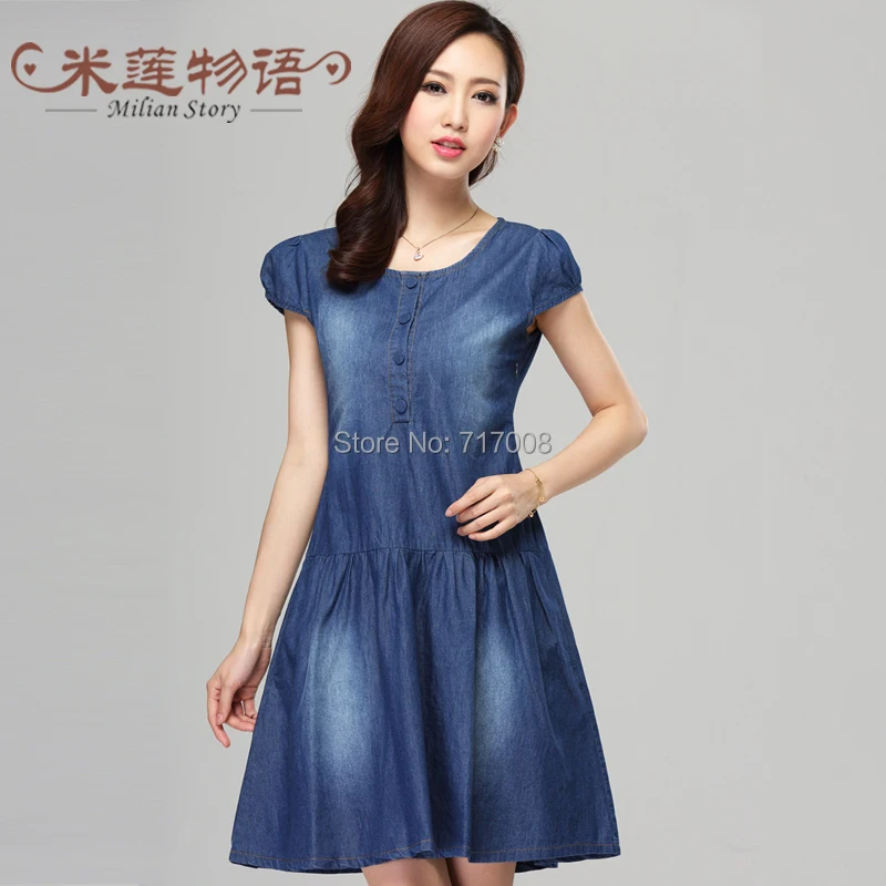 2016 Women Denim Dress Loose Short Sleeve Jeans Dress O Neck Casual