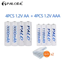 PALO 4 шт 1,2 V 3000mAh AA Ni-MH батареи+ 4 шт 1100mAh AAA батареи Ni-MH AA/AAA 1,2 V перезаряжаемые батареи