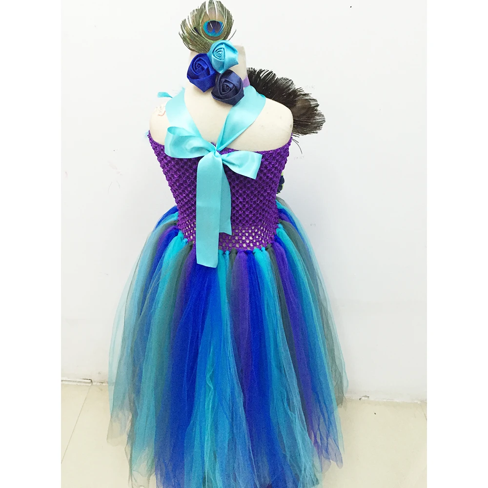 Elegant Princess Girl Peacock Dress for Kids Christmas Halloween Cosplay Tutu Dress Costume Flower Girl Feather Wedding Dress (3)