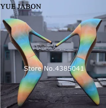 

8/10/12cm Colorful Women Rainbow Print Pointed Toe Slip On Shallow Pumps Summer Fashion High Stilettos Heel Dress Party Shoes