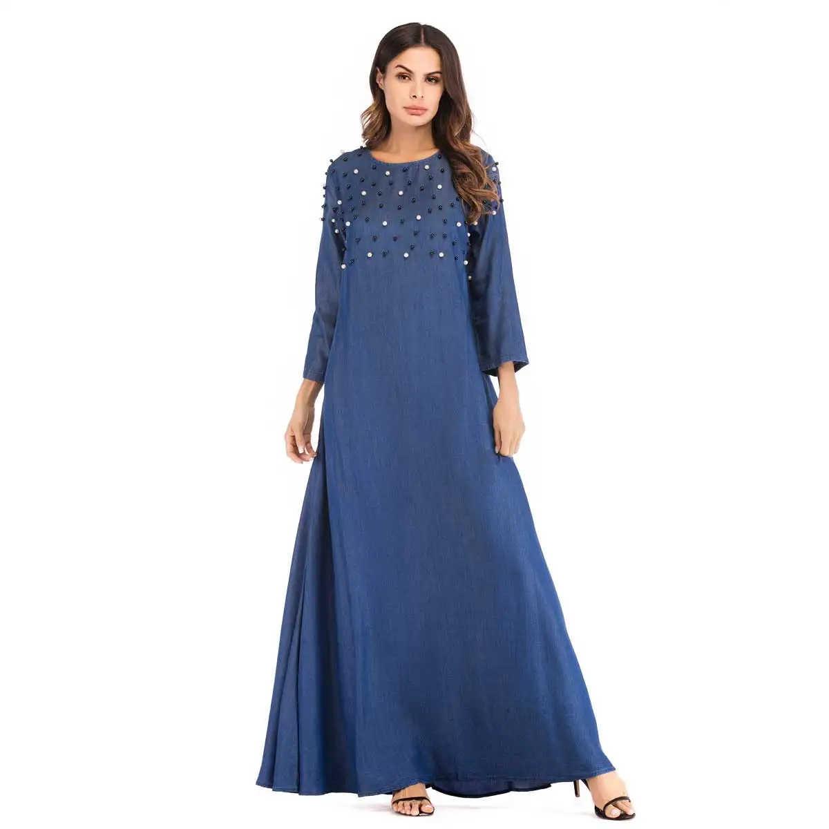 Женское длинное джинсовое платье с бисером богемное городское мусульманское абайя размера плюс исламское Дубай Арабский Рамадан марокканское платье VKDR1545