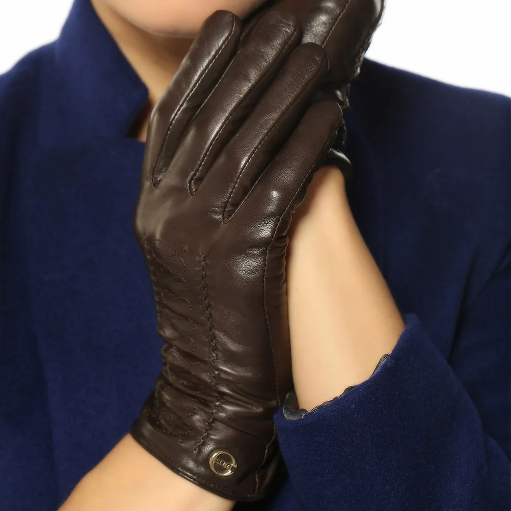 Женские зимние теплые перчатки из натуральной кожи, модные женские перчатки из овчины для вождения, шерстяные кашемировые вязаные перчатки с подкладкой EL001NR